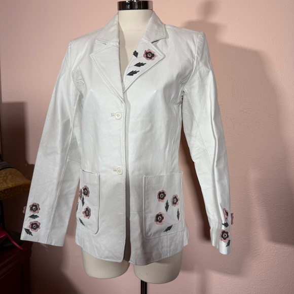 Vintage Jackets & Blazers - Vintage White Leather feminine appliqué Flower festival jacket Blazer Y2K medium